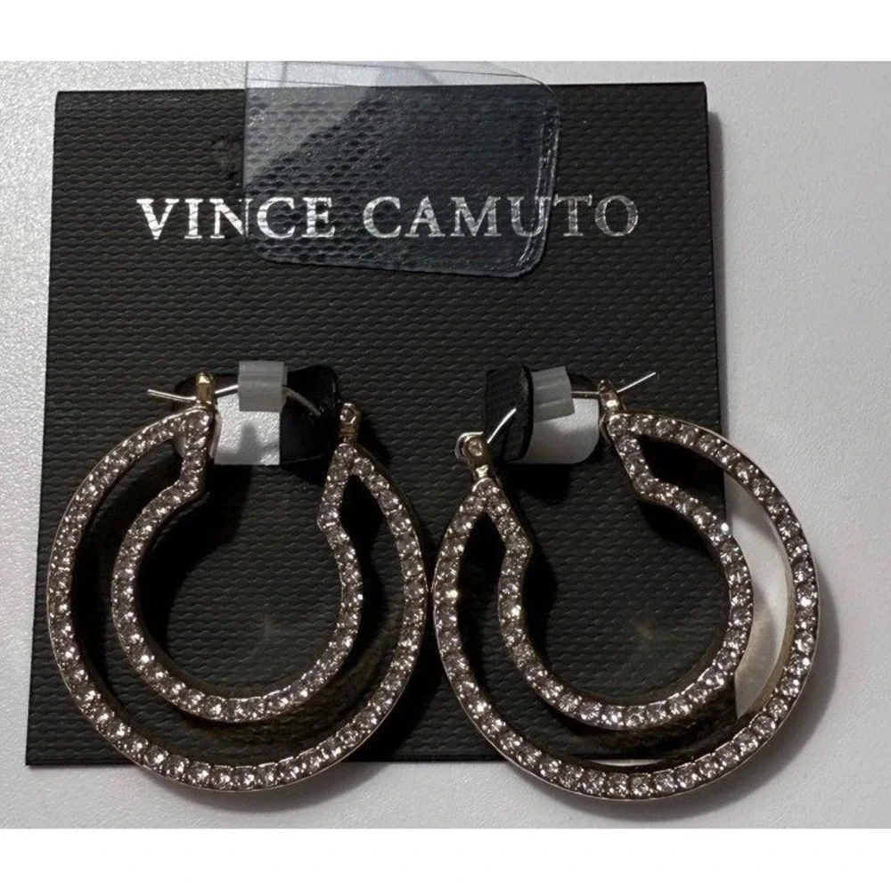 Vince Camuto Gold Tone Pave Crystal Double Hoop Earrings Womens Jewelry‎ New